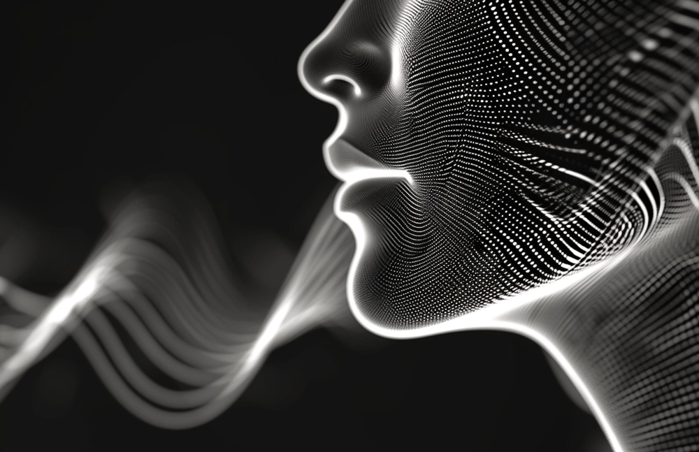 A digital portrait of a womans face with lines emanating from her mouth